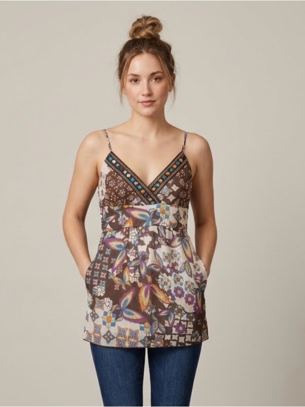 Charlotte Russe Brown Multi-Print Spaghetti Strap Camisole